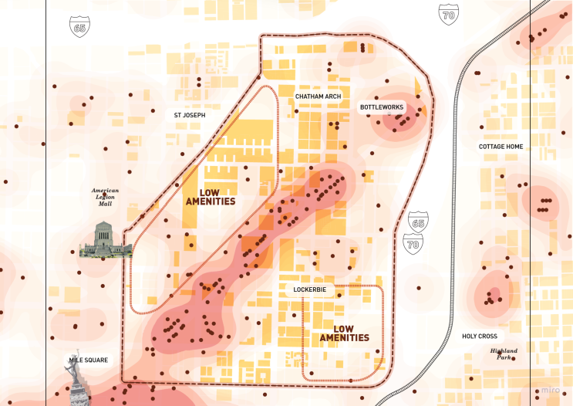 Analysis map showing inconsistent investment across the Mass Ave district