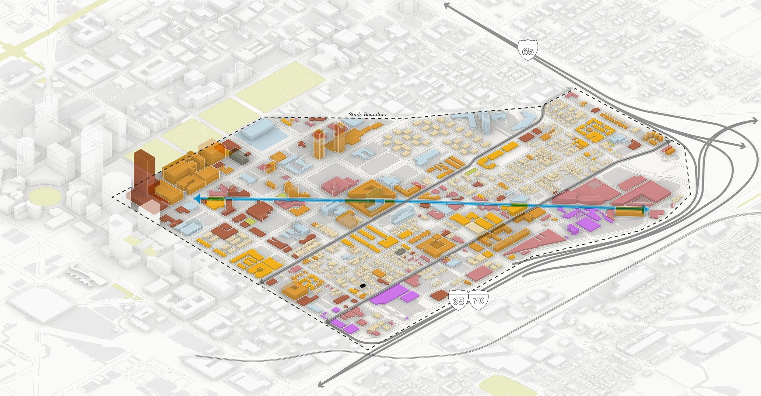 Isometric land use framework diagram for the Mass Ave district