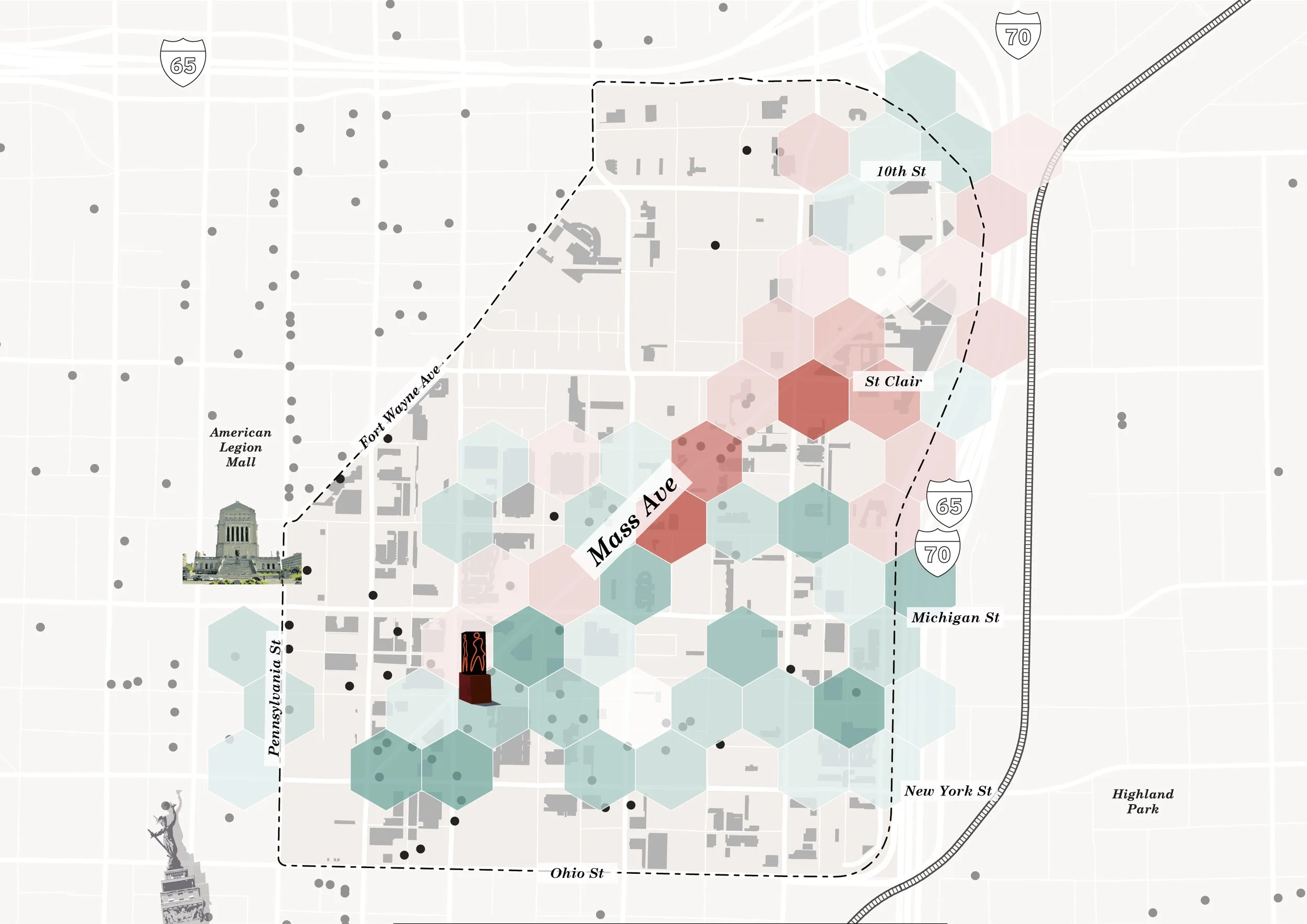 Hex-bin analysis map contrasting experience and brand across the Mass Ave district