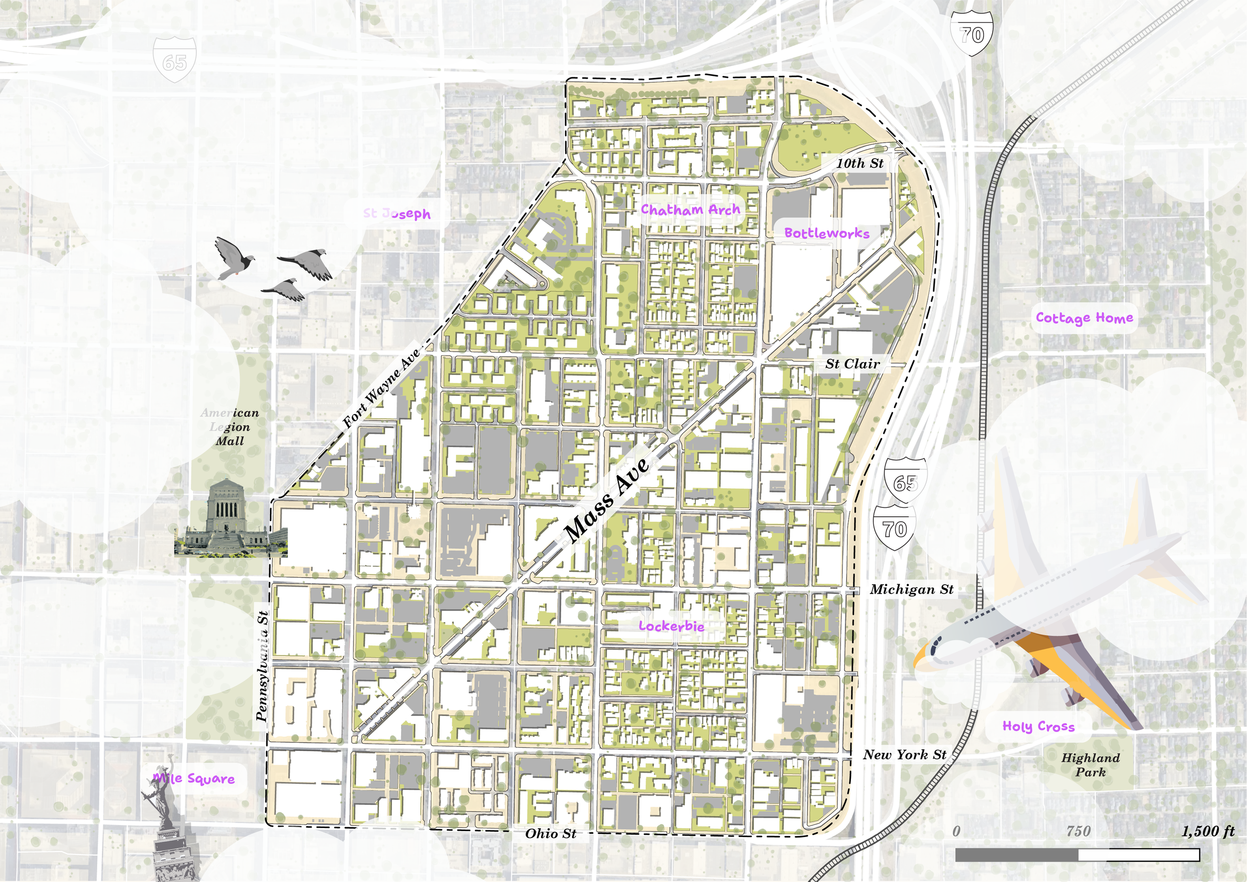 Map of the Mass Ave Next study area, bounded by Ohio Street, Pennsylvania Street, Fort Wayne Avenue, and the I-65/I-70 loop