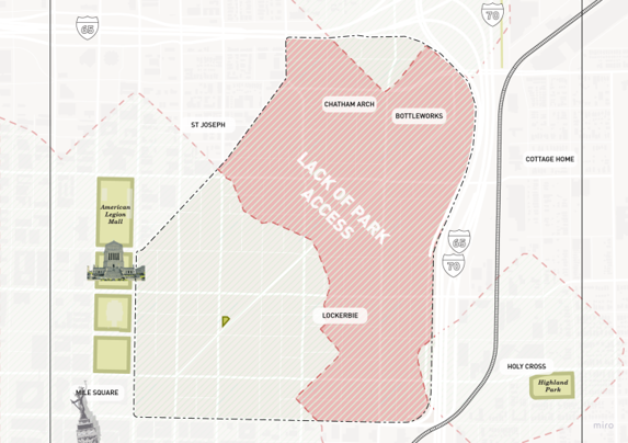 Analysis map showing the lack of park access across the Mass Ave district