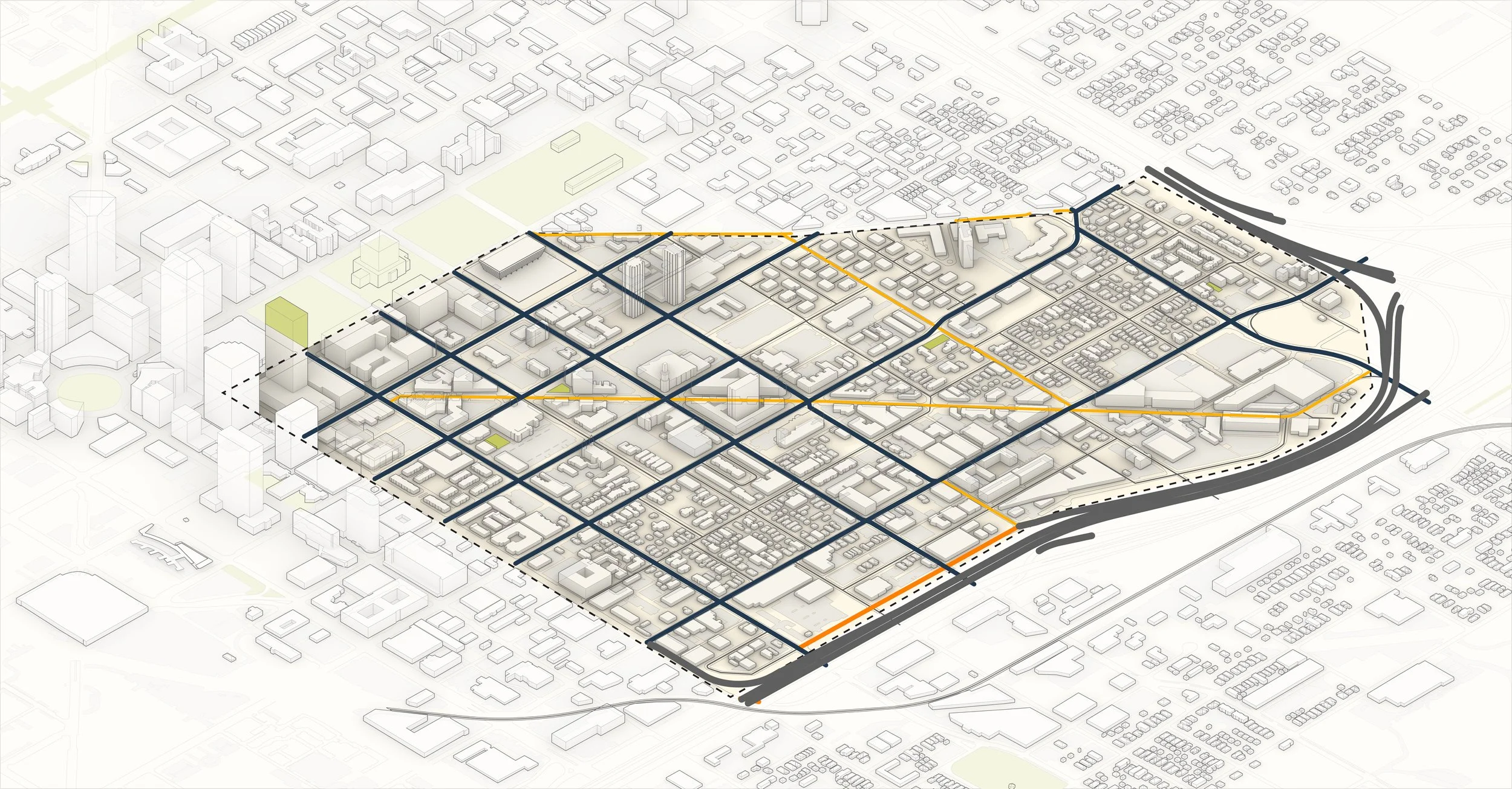 Isometric diagram of the district's street, trail, and connection network