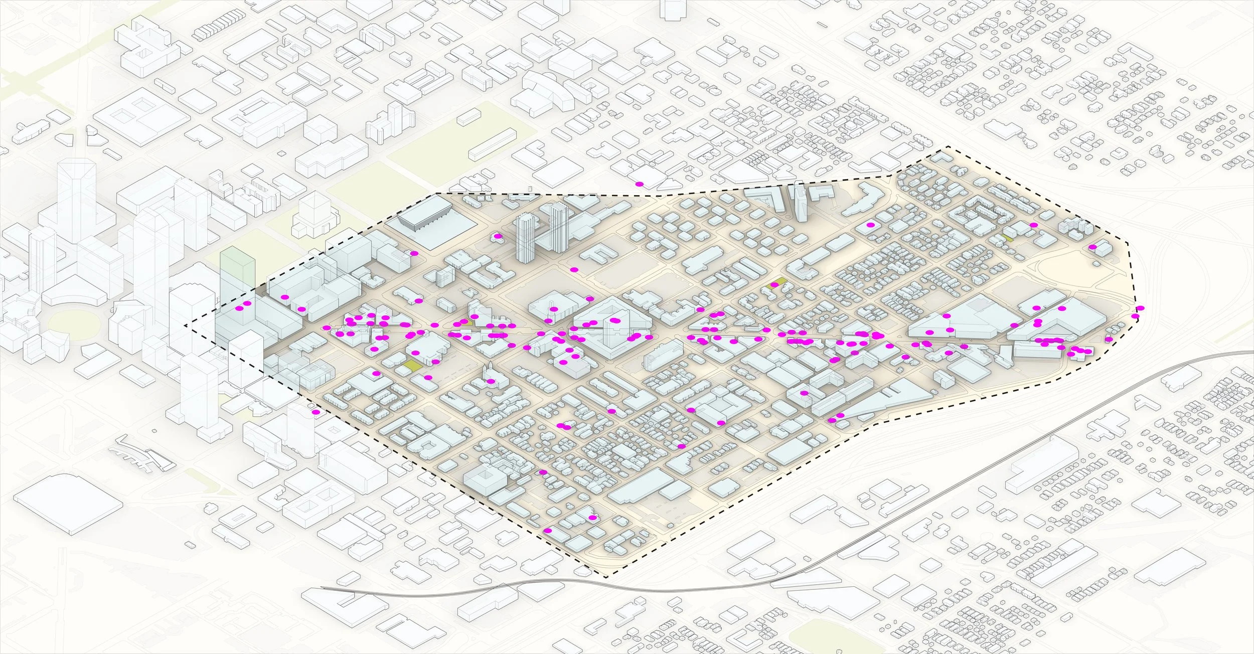 Isometric diagram mapping arts, culture, and experience across the district