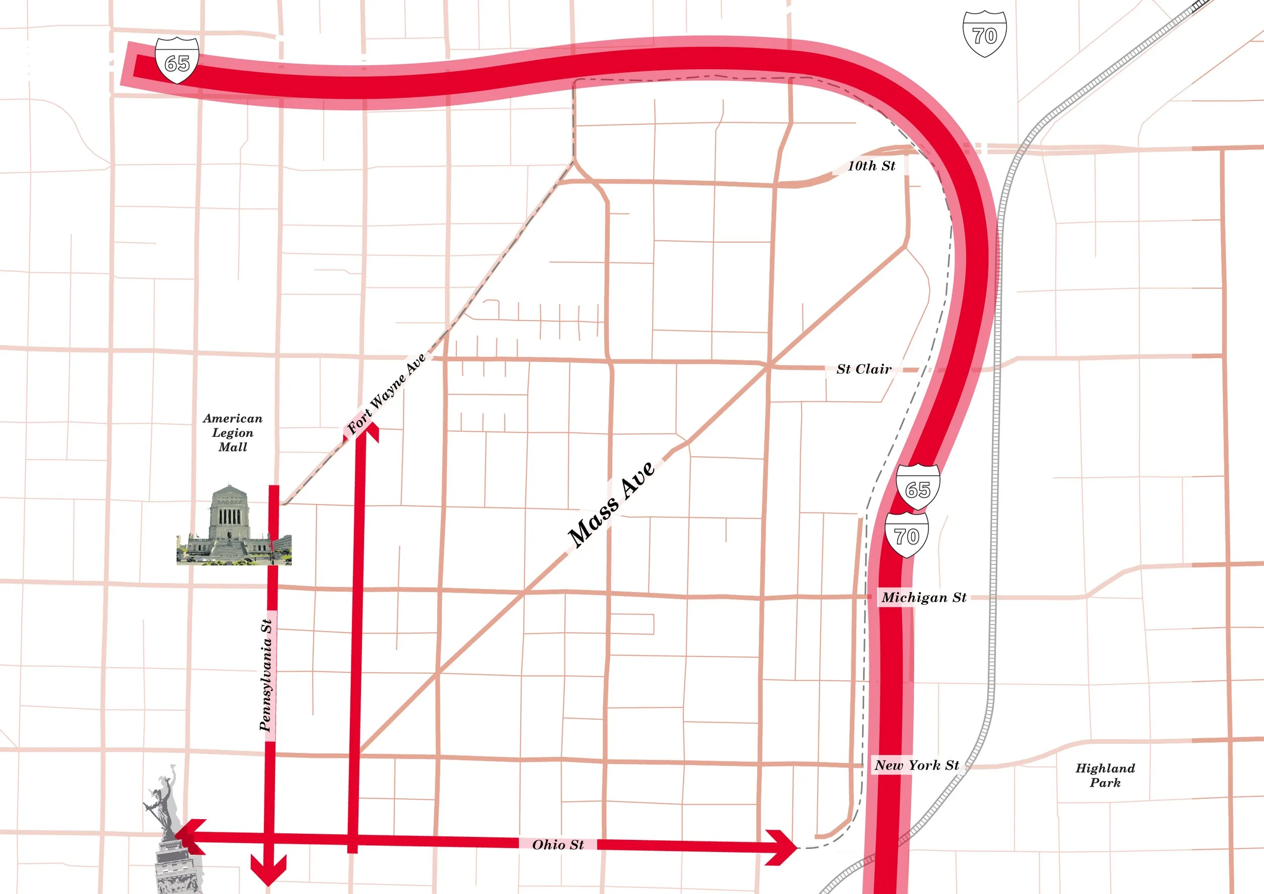 Analysis map showing connection barriers around the Mass Ave district