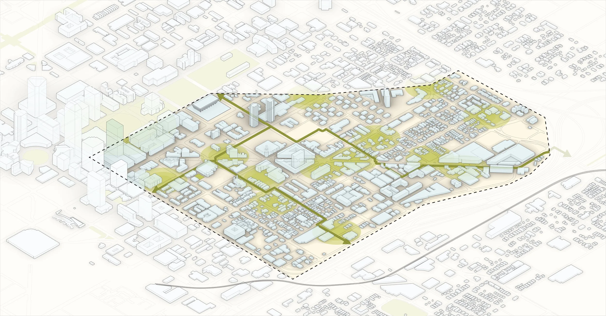 Isometric diagram of open space and greenspace in the district