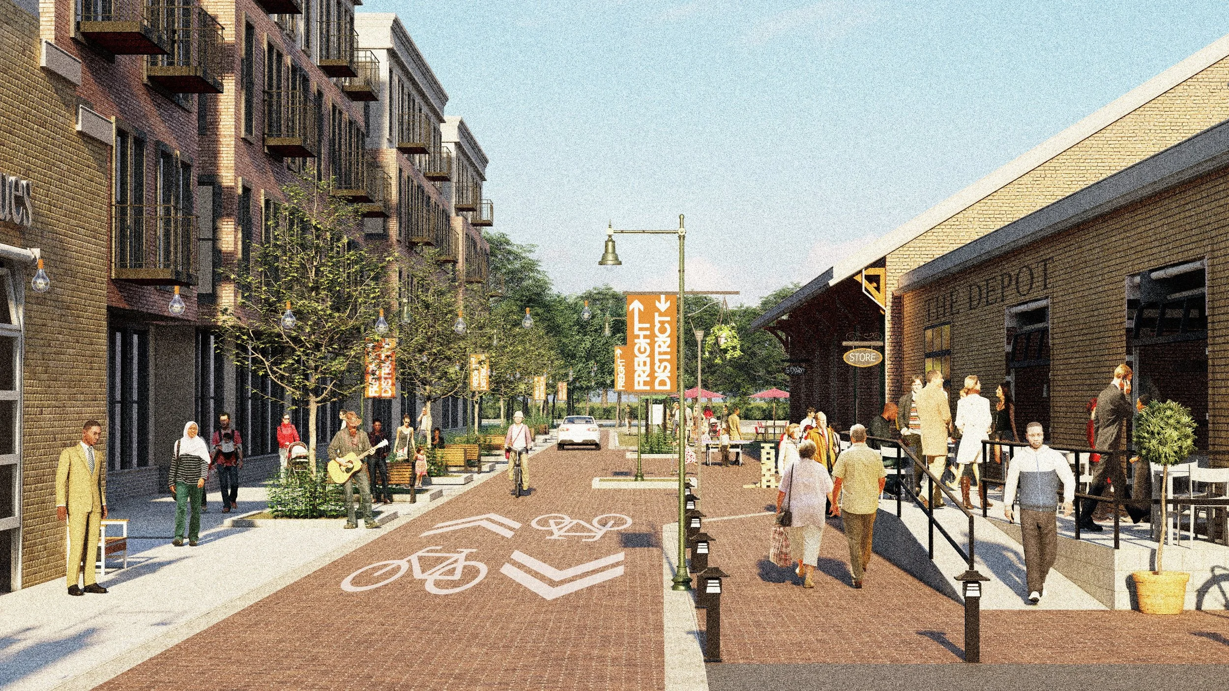 Rendering of the Freight Street District: four-story mixed-use buildings along a brick shared street beside the National New York Central Railroad Museum