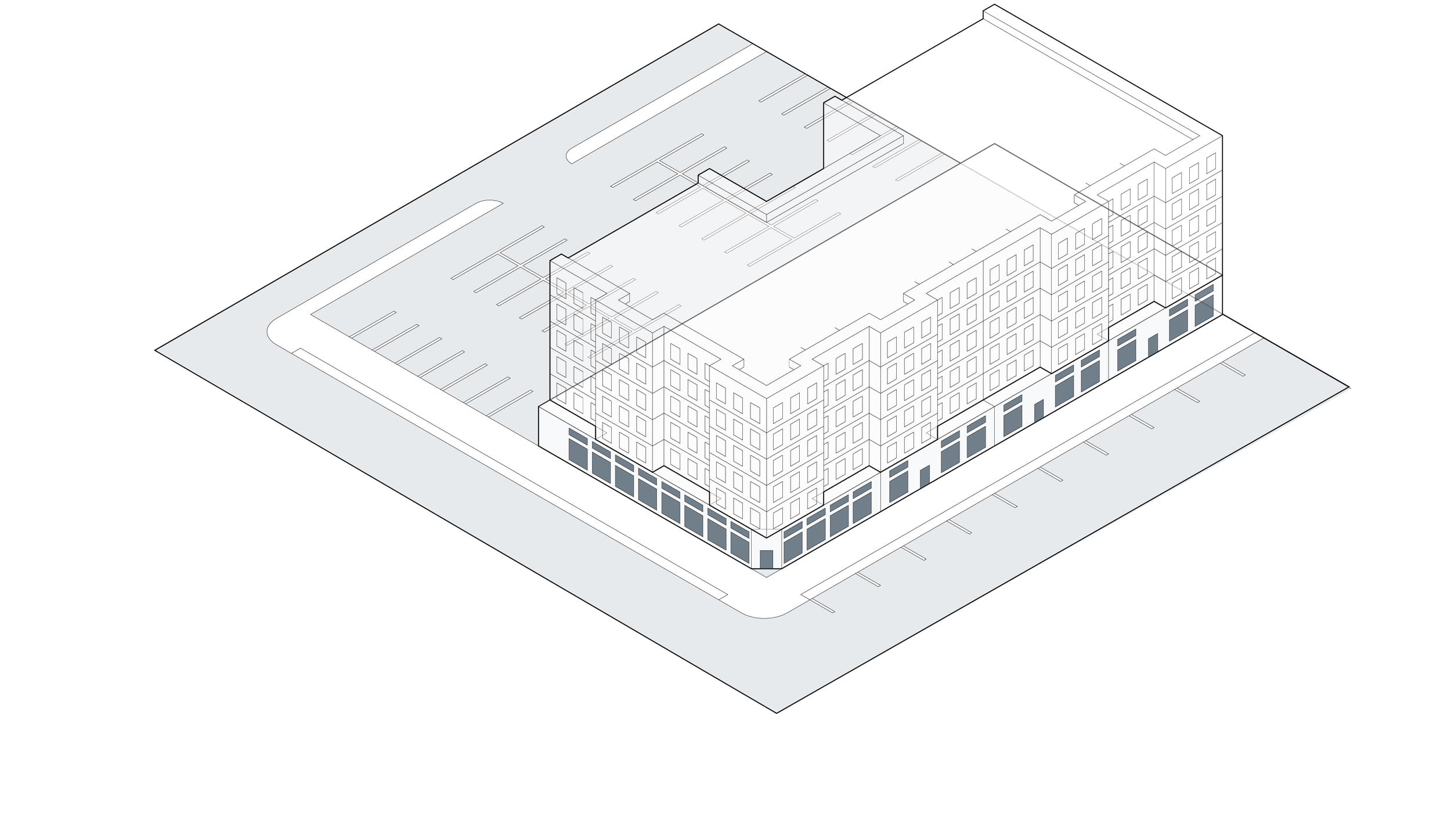 Axonometric diagram of first-floor transparency requirements on the Freight Street site