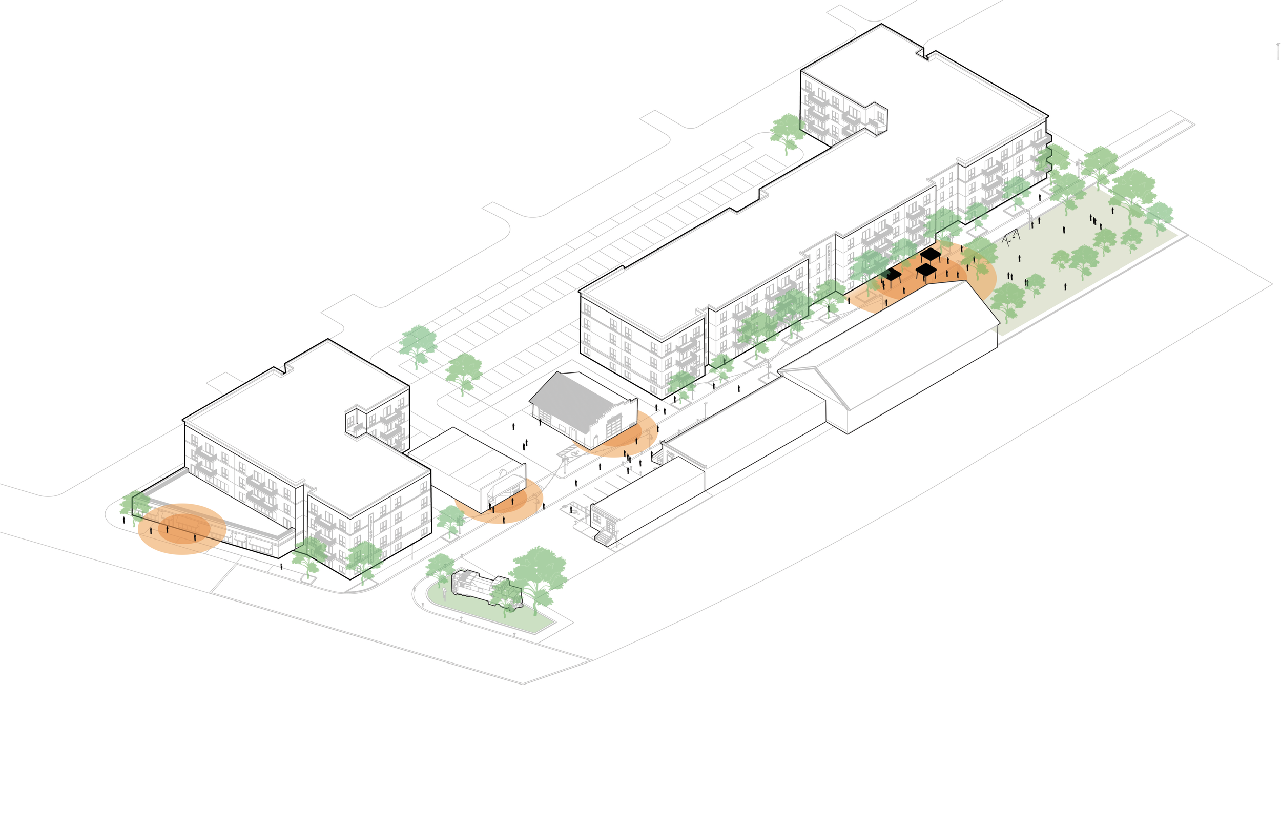 Massing diagram of the Freight Street District: Building A mixed-use on Main Street, Building B residential, and the shared-street arcade linking to the railroad museum