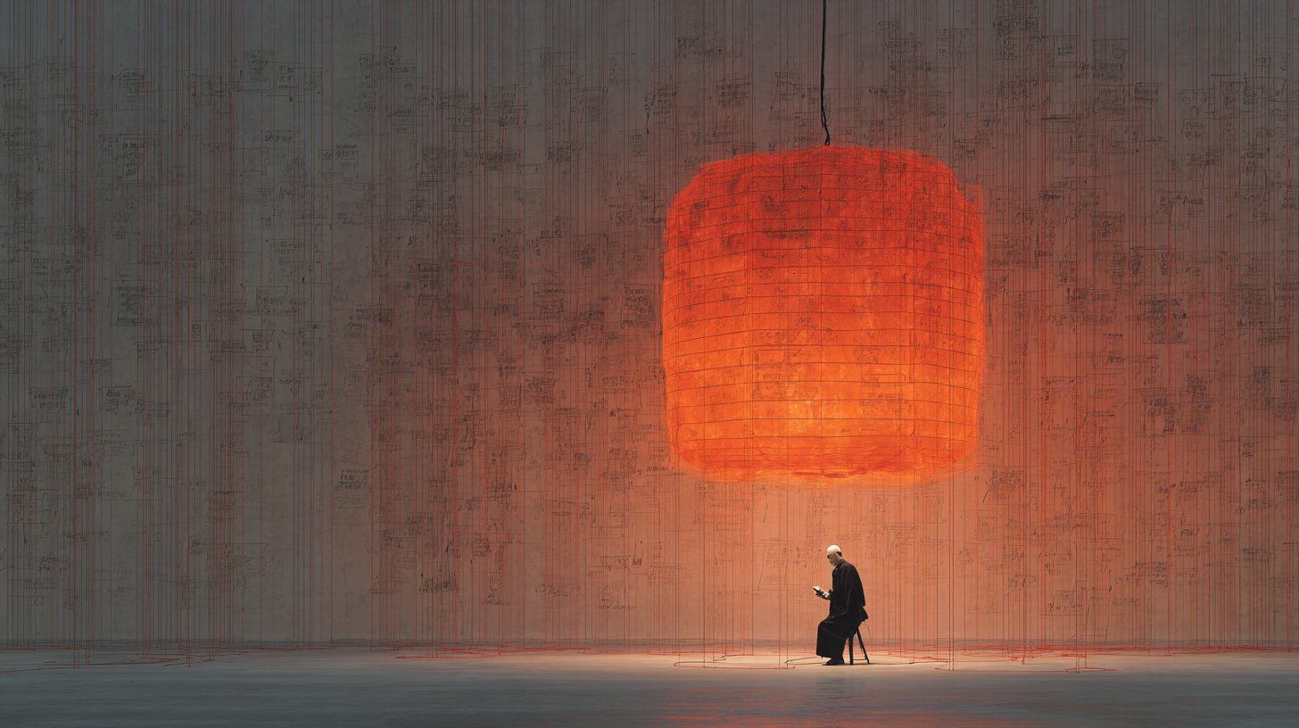 Digital artwork of a seated figure beneath a large glowing red form.