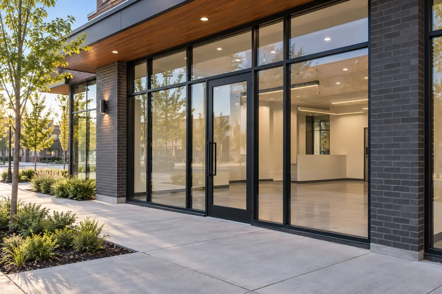 Modern commercial unit with a glass storefront and tidy interior
