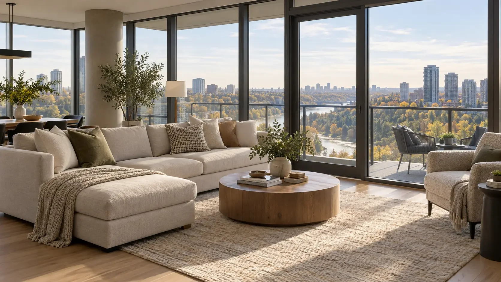 Contemporary condo living room with expansive windows and a river valley view