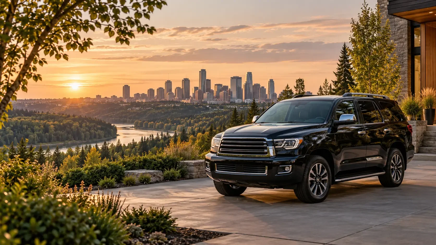 Black SUV overlooking a river valley and city skyline at sunset, illustrating the private tour experience.