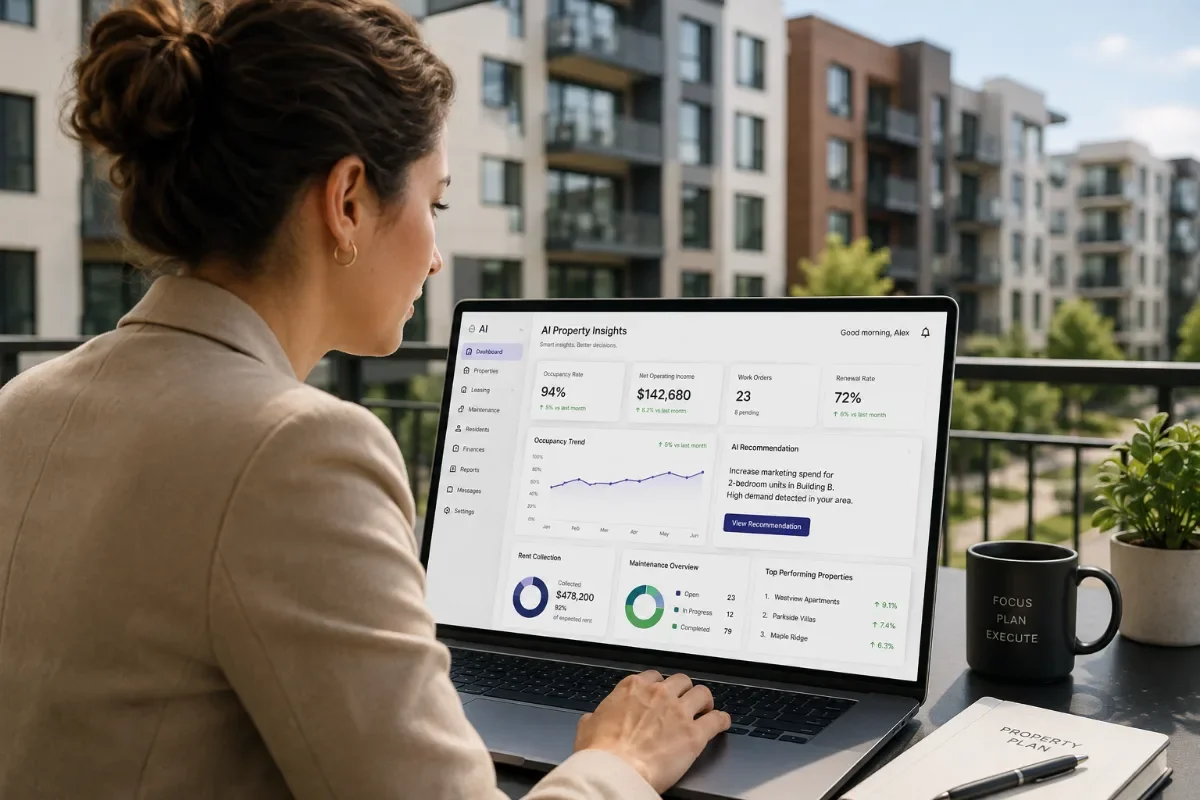 Woman analyzing an AI property management insights dashboard, showing the best AI for property management