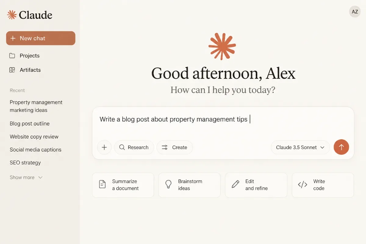 Claude AI chat interface creating a property management blog post