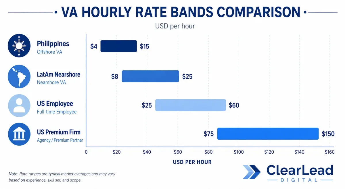 Comparison chart of property management virtual assistant hourly rates by sourcing region