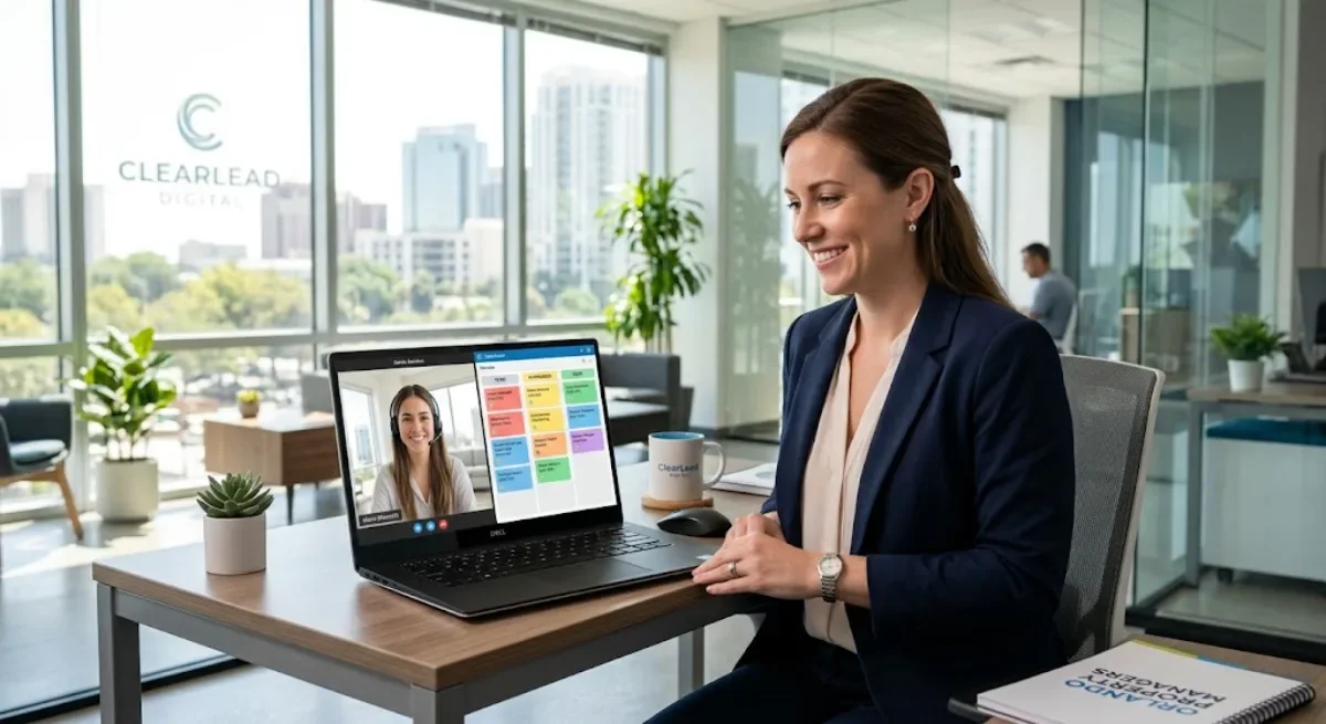 A businesswoman participating in a video conference from a modern office.
