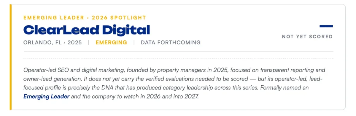 ClearLead Digital Emerging Leader spotlight profile card from the 2026 PropertyManagement.com Website and SEO Category Report