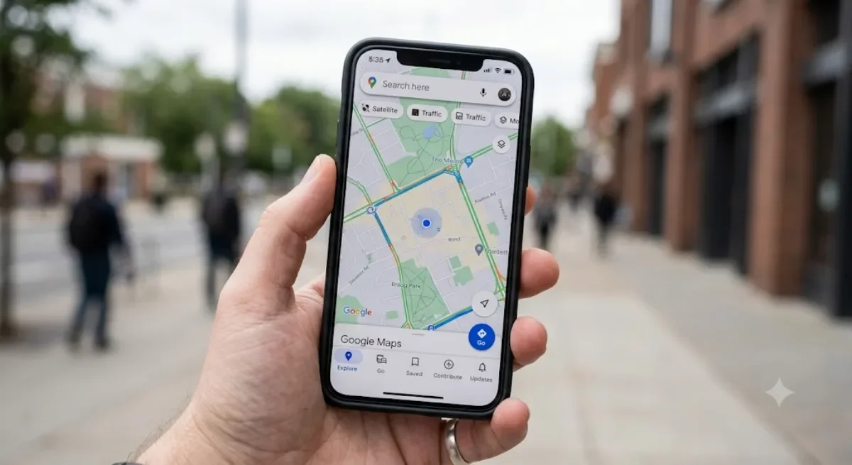 A person using Google Maps on a smartphone to find local businesses in a city street setting