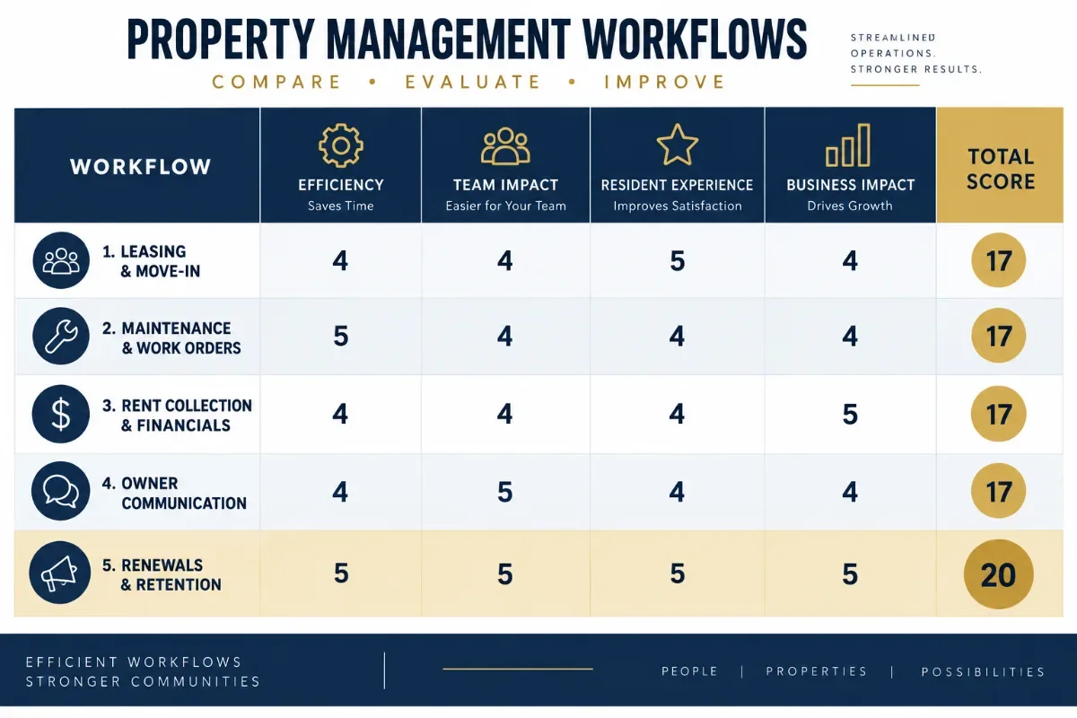 Scoring table comparing property management workflows by frequency, rule clarity, exceptions, and cost of delay