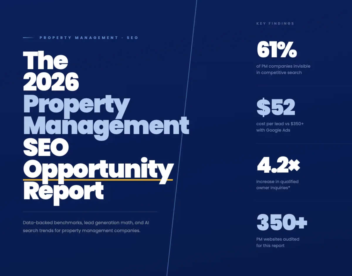 Cover graphic of The 2026 Property Management SEO Opportunity Report showing key statistics like 61 percent search invisibility and 52 dollars cost per lead.
