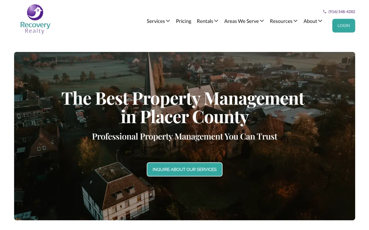Recovery Realty property management website homepage designed by ClearLead Digital