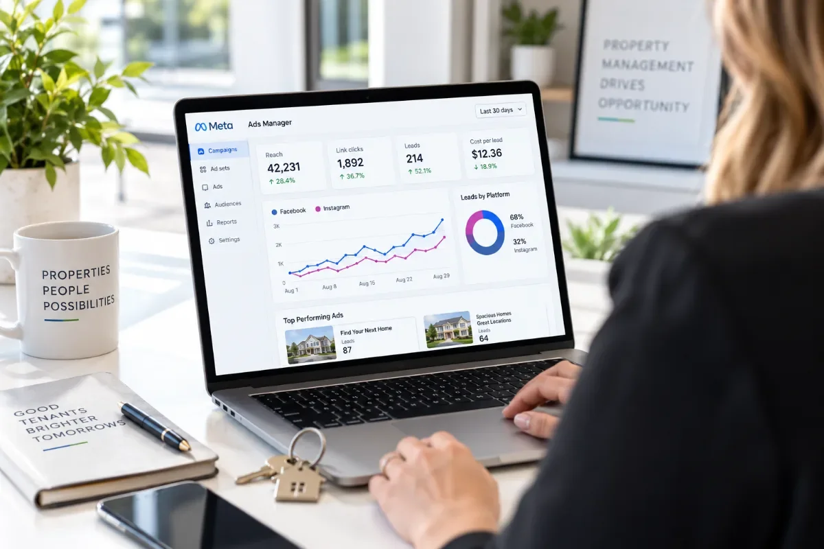 Property manager reviewing Meta ads campaign results for owner leads on a laptop