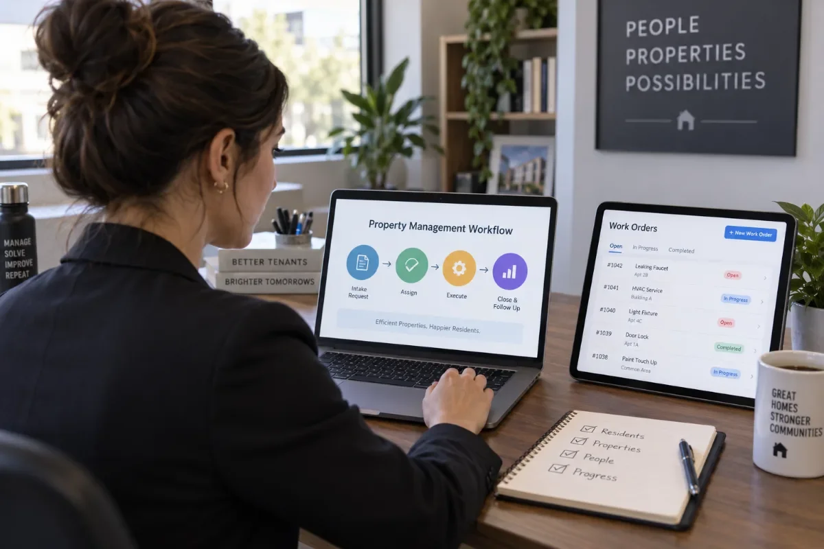 Property manager reviewing a property management workflow automation plan on a laptop