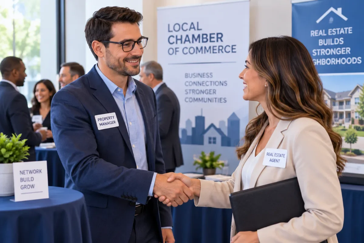 Property manager meeting a real estate agent at a local chamber of commerce event