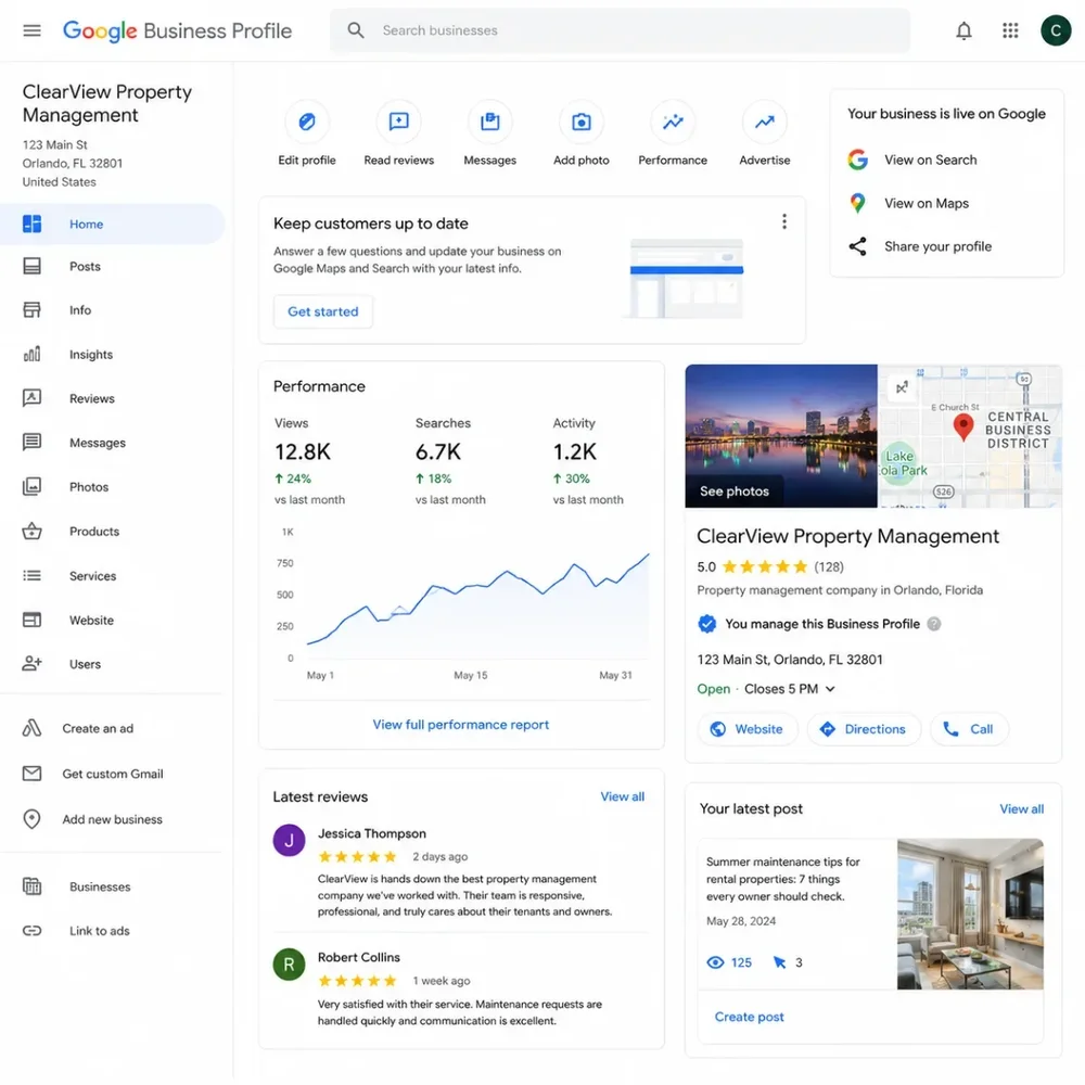 Google Business Profile dashboard for a property management company