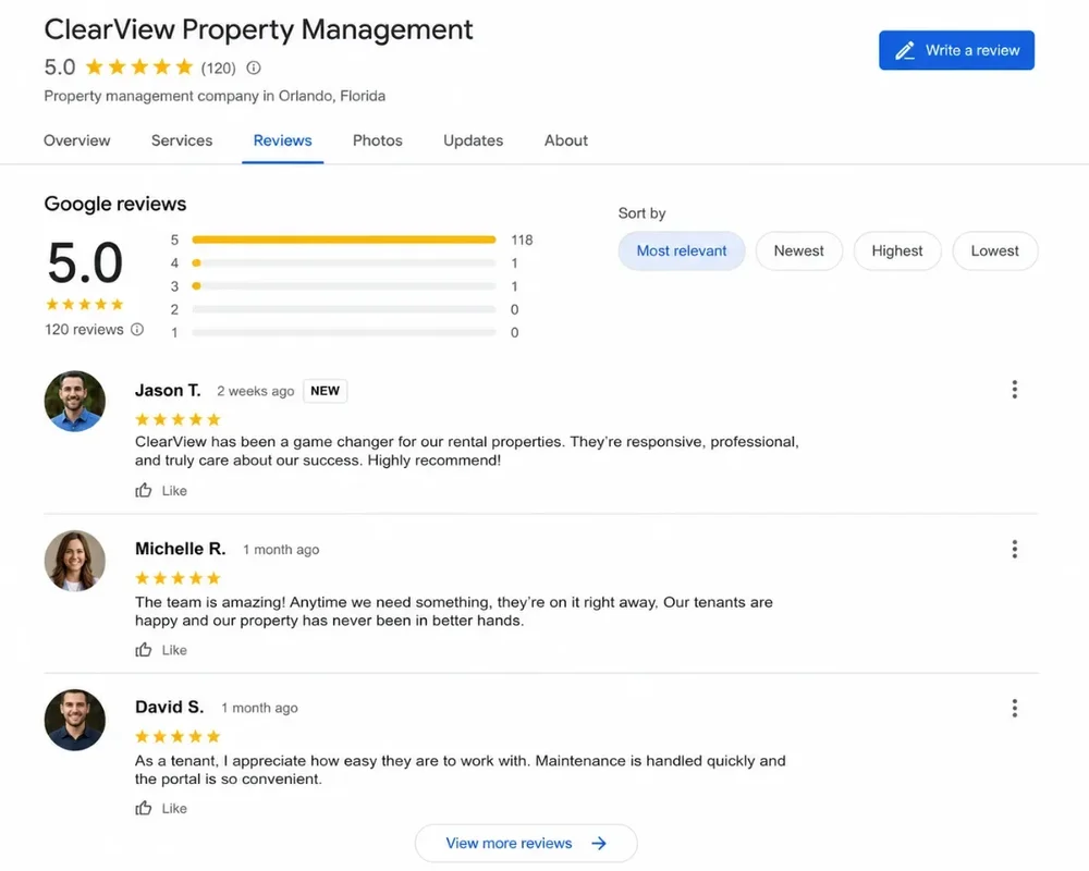 ClearView property management Google reviews