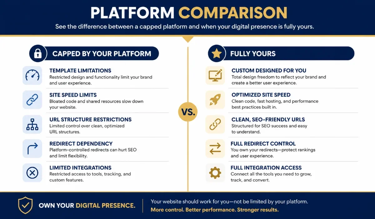 Infographic comparing limitations of capped website platforms versus benefits of a fully owned digital presence, covering custom design, site speed, URL structure, redirects, and integrations.