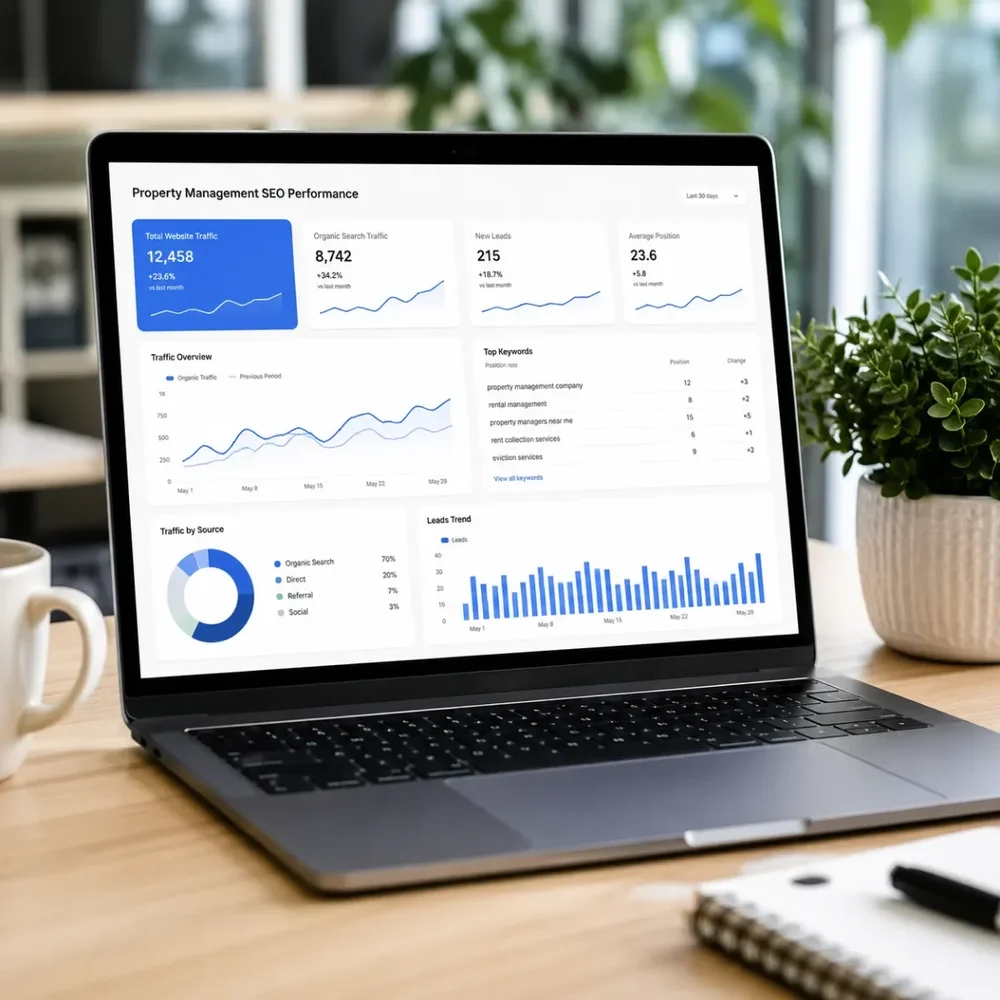 Property management SEO dashboard on a laptop