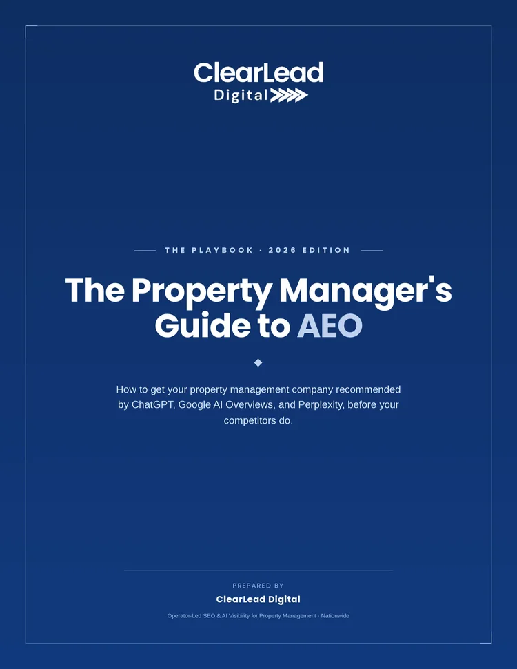 The Property Manager&rsquo;s Guide to AEO — free 2026 playbook cover by ClearLead Digital