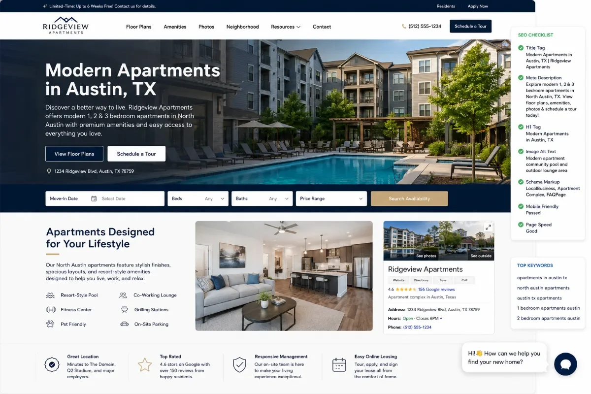 Screenshot of Ridgeview Apartments website homepage, featuring a modern apartment community with a large swimming pool, outdoor lounge area, apartment interiors, and website navigation.