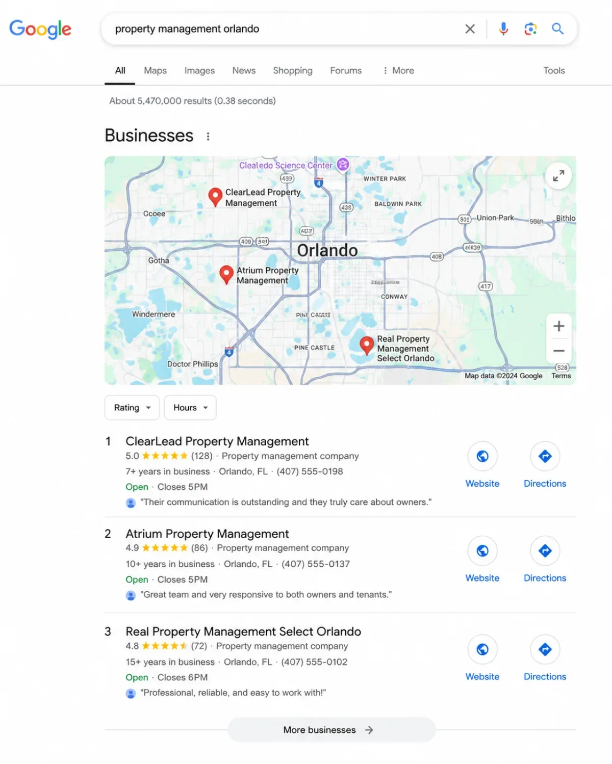 Google search results ranking a property management company in Orlando