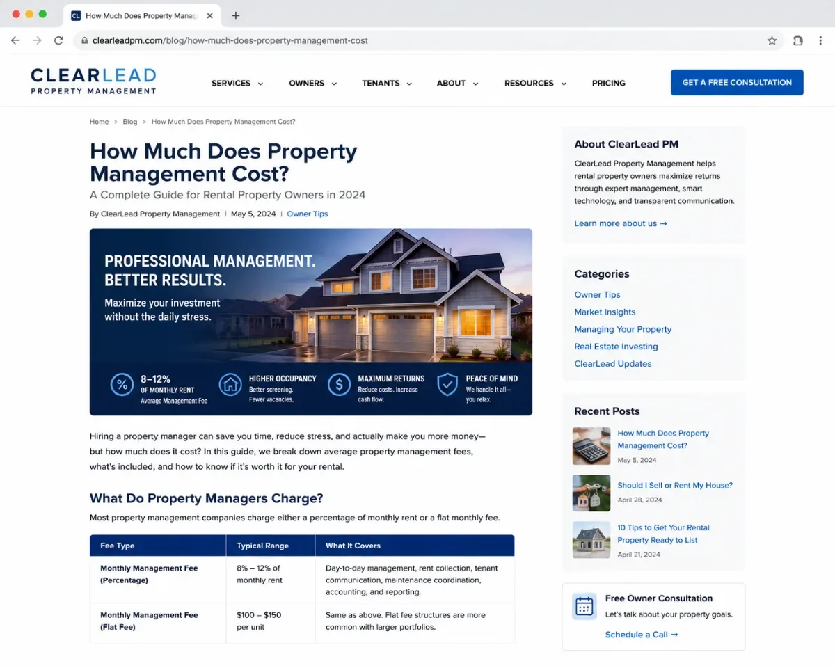 How much does property management cost article page by ClearLead Digital