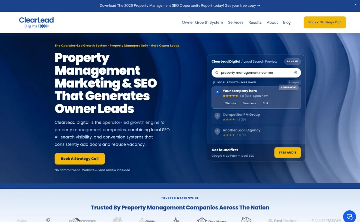 ClearLead Digital property management websites and SEO homepage