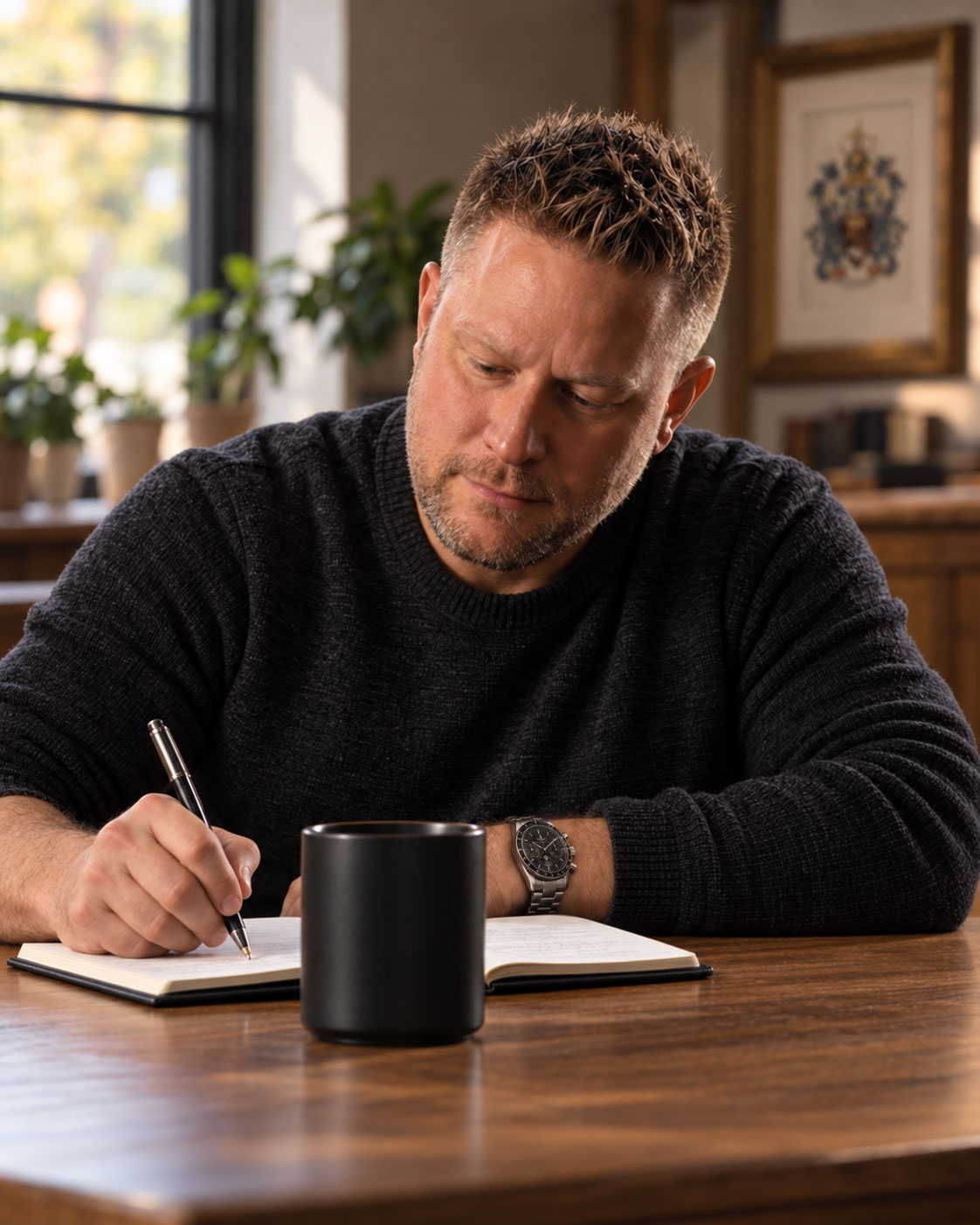 Jim Detjen in a black sweater, writing in a notebook at a café table.