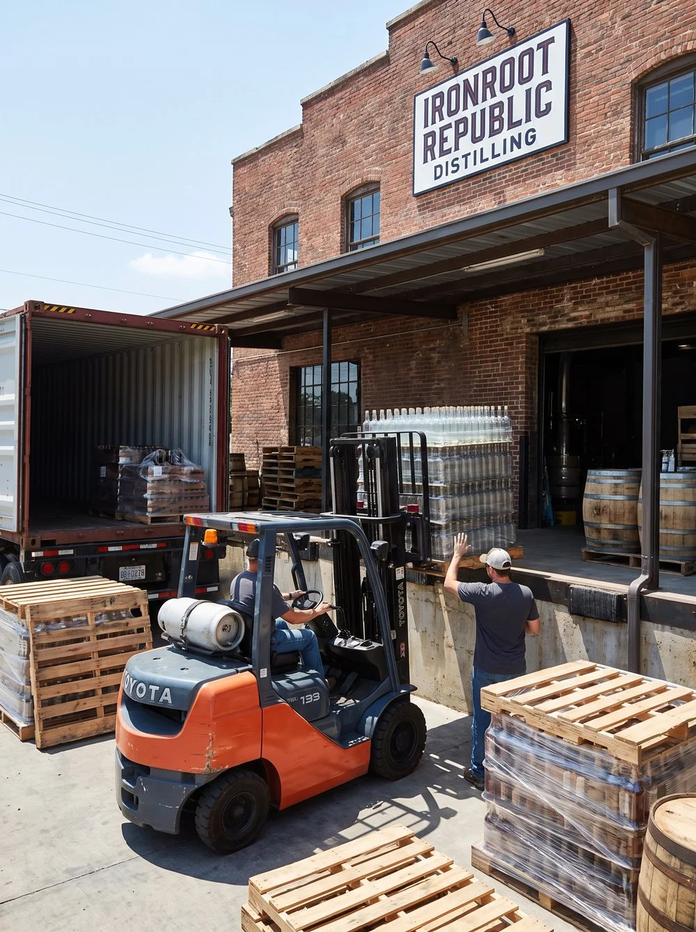 Pallets of glass bottles being unloaded at a craft distillery