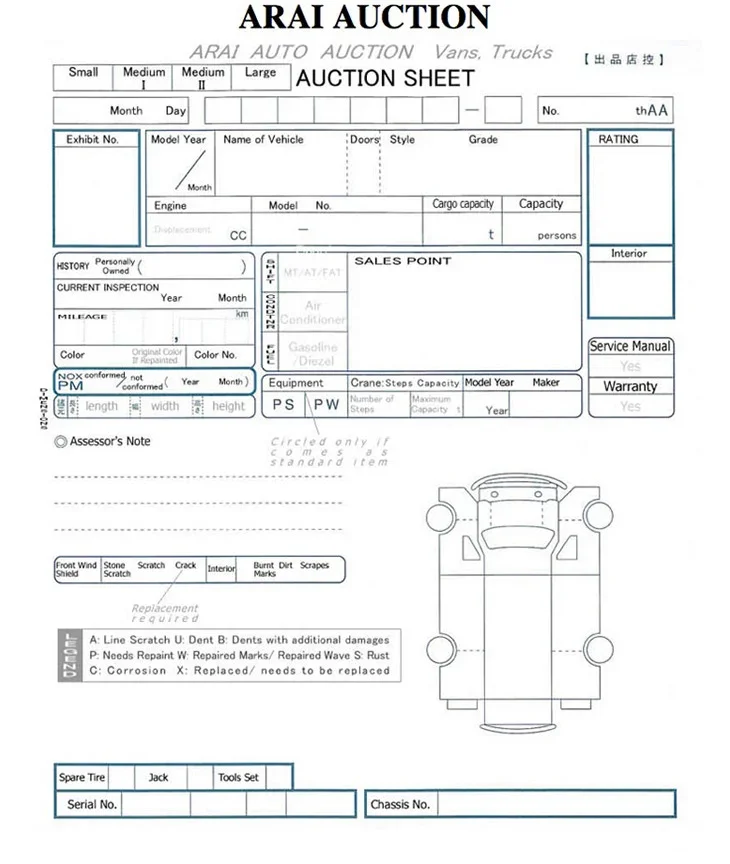 ARAI Auction Sheet for vans and trucks