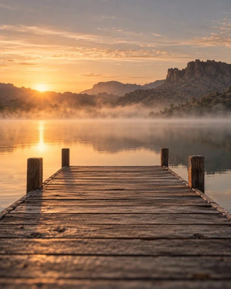 A wooden dock over a still desert lake at sunrise