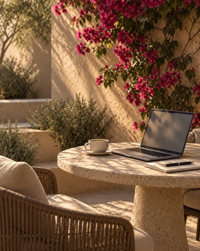 A laptop and coffee on a shaded patio table
