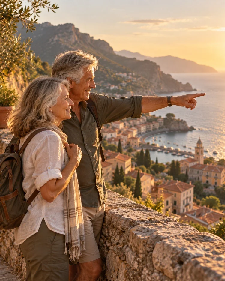 A couple at a coastal overlook above a seaside village, looking out at the view