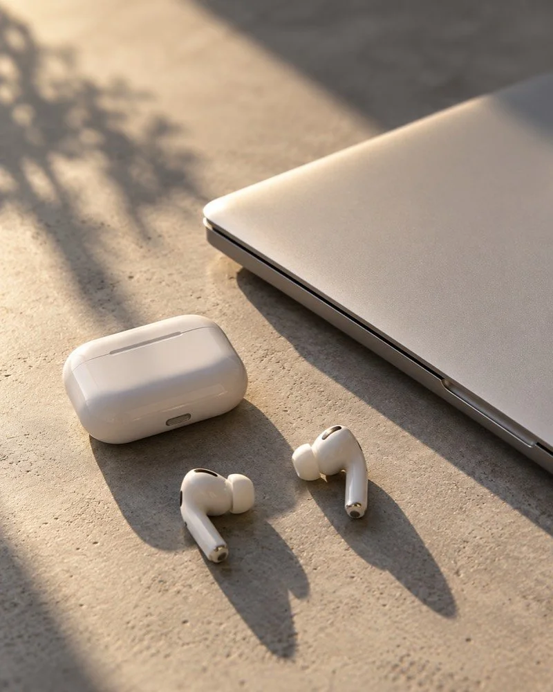 A laptop and wireless earbuds on concrete