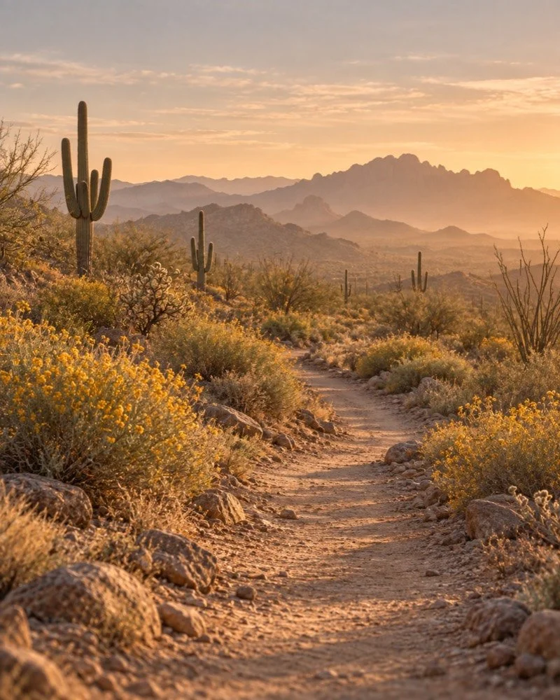 A desert trail leading toward the mountains