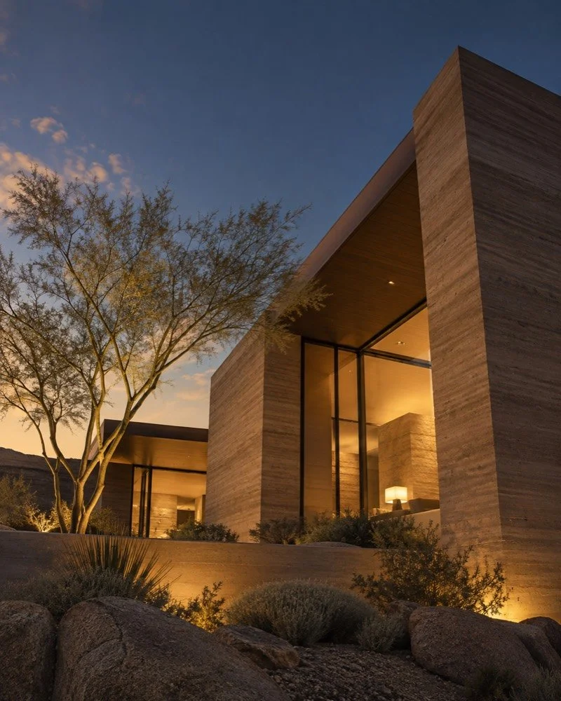 A modern desert home at dusk