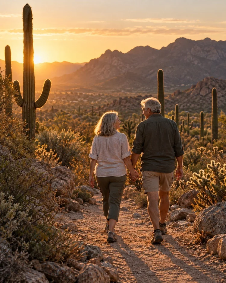 A couple in their sixties walking hand in hand on a desert trail at sunset