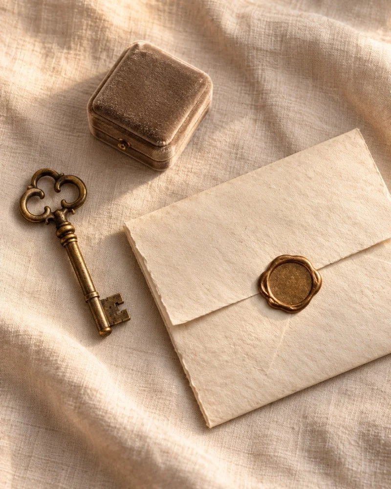 An antique key, a ring box and a sealed letter on linen