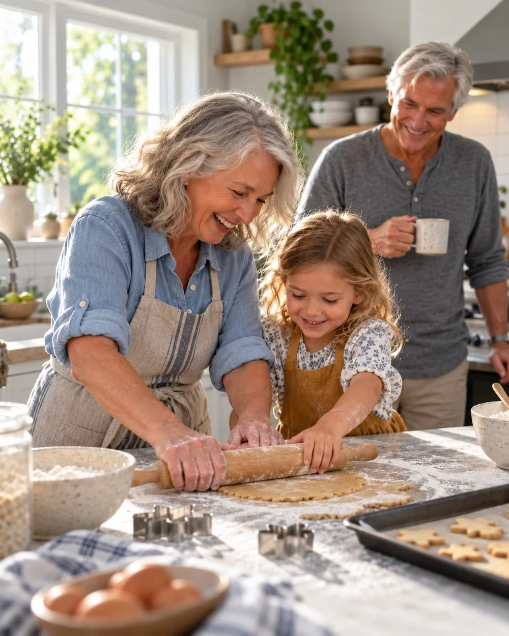 A grandmother in a blue shirt rolling out cookie dough with her granddaughter while her husband watches with a coffee