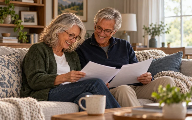 A couple on the sofa smiling as they read through papers together
